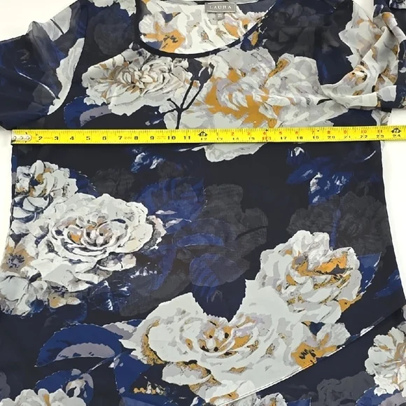 LAURA Women's Semi Sheer Blouse Top Blue Large White Floral Print Flowy Size XL - Picture 13 of 15